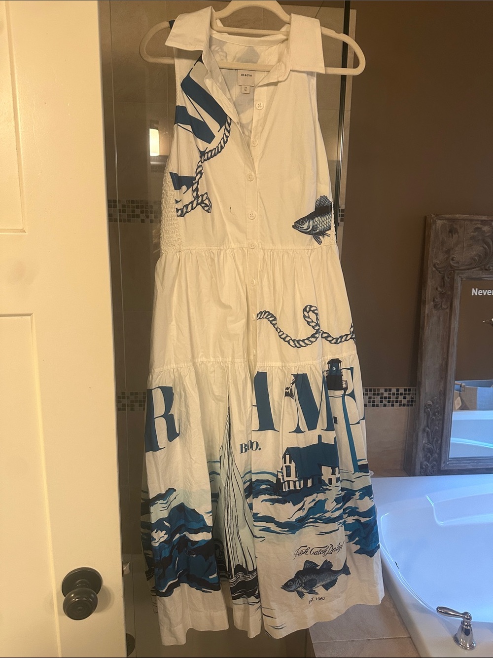 Maeve White Maxi Dress with Navy Nautical Print